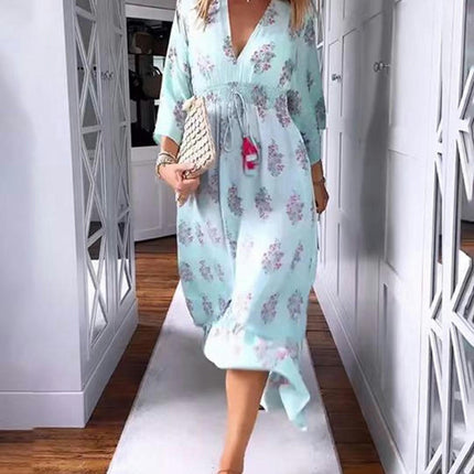 Women's Floral Long Sleeve Midi Dress Casual V Neck Smocked Waist Flowy Boho Beach Dresses