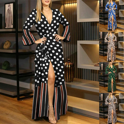 Women Long Sleeve Maxi Dress Wrap V Neck Tie Waist Flowy Ruffle  Split Long Dresses