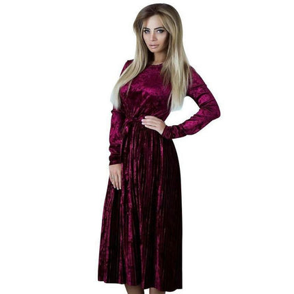 Women's Crew Neck Velvet Long Sleeve Elegant Tie Waist Pleated Cocktail Party Midi Dress