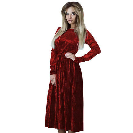 Women's Crew Neck Velvet Long Sleeve Elegant Tie Waist Pleated Cocktail Party Midi Dress