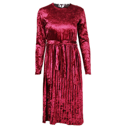 Women's Crew Neck Velvet Long Sleeve Elegant Tie Waist Pleated Cocktail Party Midi Dress