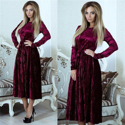 Women's Crew Neck Velvet Long Sleeve Elegant Tie Waist Pleated Cocktail Party Midi Dress