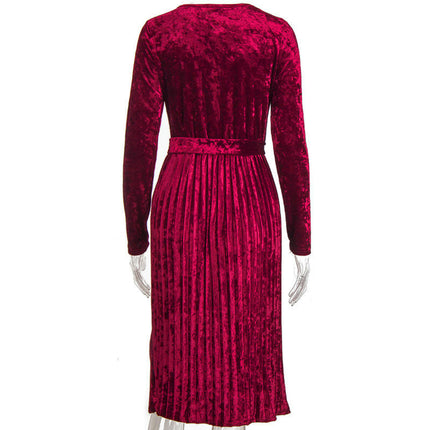 Women's Crew Neck Velvet Long Sleeve Elegant Tie Waist Pleated Cocktail Party Midi Dress