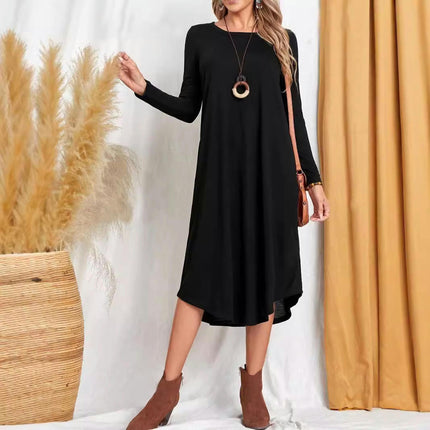 Women's Casual Loose Plain Crew Neck Long Dress Long Sleeve Flowy Midi Dresses