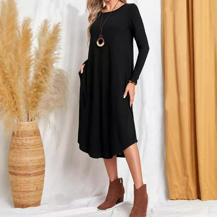 Women's Casual Loose Plain Crew Neck Long Dress Long Sleeve Flowy Midi Dresses