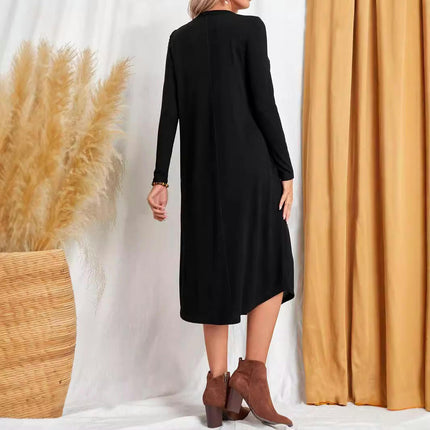 Women's Casual Loose Plain Crew Neck Long Dress Long Sleeve Flowy Midi Dresses