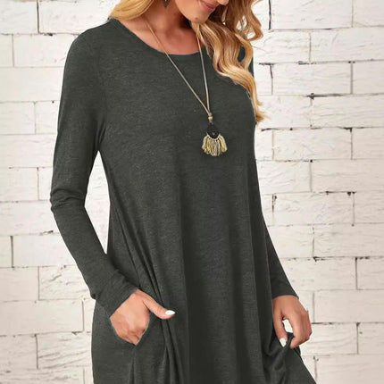 Women's Casual Loose Plain Crew Neck Long Dress Long Sleeve Flowy Midi Dresses