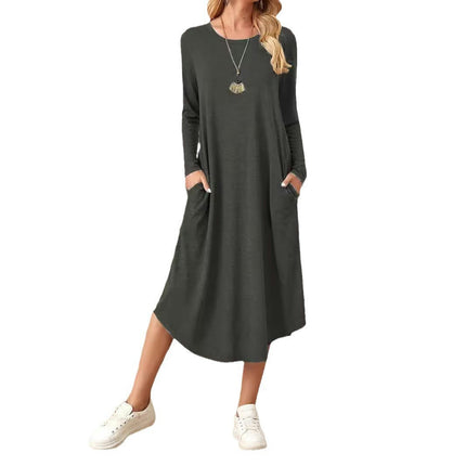 Women's Casual Loose Plain Crew Neck Long Dress Long Sleeve Flowy Midi Dresses