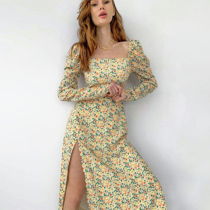 Women's Boho Floral Long Sleeve Midi Dresses Square Neck Split A Line Dress