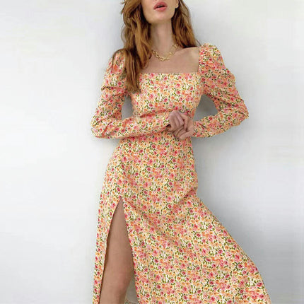 Women's Boho Floral Long Sleeve Midi Dresses Square Neck Split A Line Dress