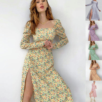 Women's Boho Floral Long Sleeve Midi Dresses Square Neck Split A Line Dress