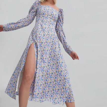 Women's Boho Floral Long Sleeve Midi Dresses Square Neck Split A Line Dress