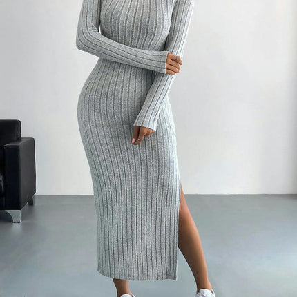 Women Long Sleeve Crewneck Sweater Dress Ribbed Knit Stretch Slim Fit Bodycon Split Maxi Dresses