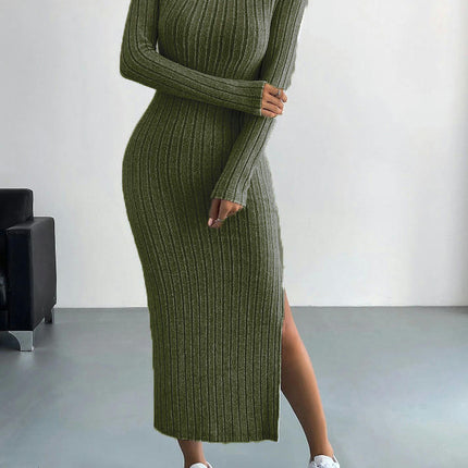 Women Long Sleeve Crewneck Sweater Dress Ribbed Knit Stretch Slim Fit Bodycon Split Maxi Dresses