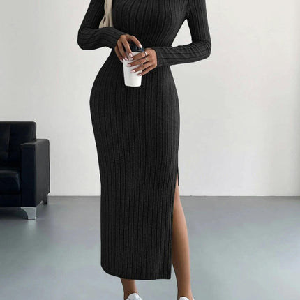 Women Long Sleeve Crewneck Sweater Dress Ribbed Knit Stretch Slim Fit Bodycon Split Maxi Dresses