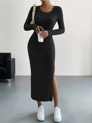 Women Long Sleeve Crewneck Sweater Dress Ribbed Knit Stretch Slim Fit Bodycon Split Maxi Dresses