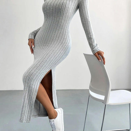 Women Long Sleeve Crewneck Sweater Dress Ribbed Knit Stretch Slim Fit Bodycon Split Maxi Dresses