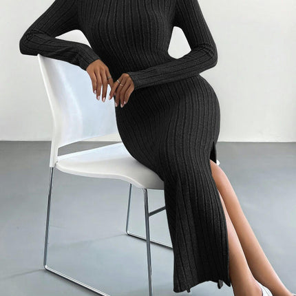 Women Long Sleeve Crewneck Sweater Dress Ribbed Knit Stretch Slim Fit Bodycon Split Maxi Dresses