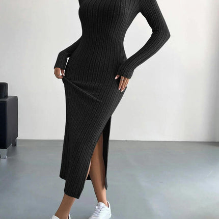 Women Long Sleeve Crewneck Sweater Dress Ribbed Knit Stretch Slim Fit Bodycon Split Maxi Dresses