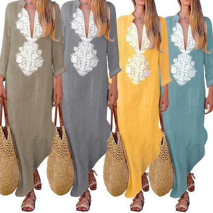 Women's Casual Cotton Linen Maxi Dress Long Sleeve V Neck Loose Split Long Dresses