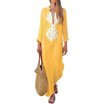 Women's Casual Cotton Linen Maxi Dress Long Sleeve V Neck Loose Split Long Dresses