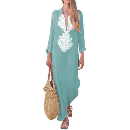 Women's Casual Cotton Linen Maxi Dress Long Sleeve V Neck Loose Split Long Dresses