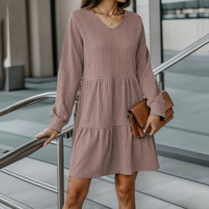 Womens Dresses Long Sleeve V Neck Textured Casual Tiered Ruffle A-Line Swing Mini Dress