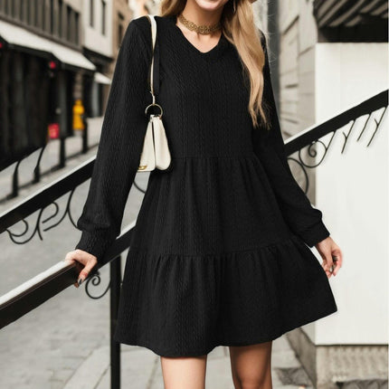 Womens Dresses Long Sleeve V Neck Textured Casual Tiered Ruffle A-Line Swing Mini Dress