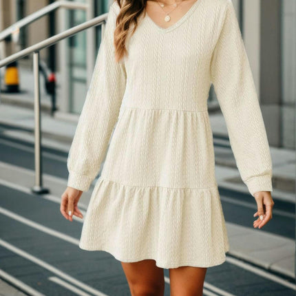 Womens Dresses Long Sleeve V Neck Textured Casual Tiered Ruffle A-Line Swing Mini Dress