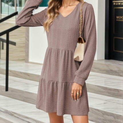 Womens Dresses Long Sleeve V Neck Textured Casual Tiered Ruffle A-Line Swing Mini Dress