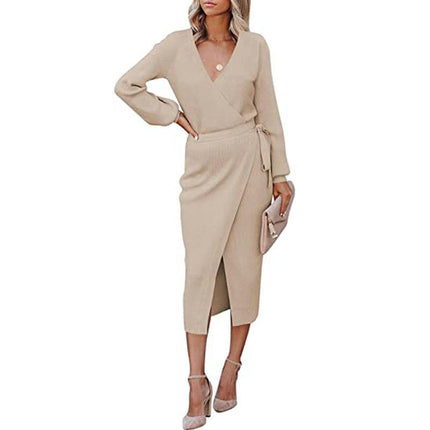 Women's Wrap V Neck Knit Dress Casual Long Sleeve Tie Waist Bodycon Split Midi Dress