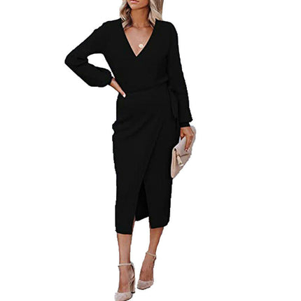 Women's Wrap V Neck Knit Dress Casual Long Sleeve Tie Waist Bodycon Split Midi Dress