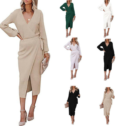 Women's Wrap V Neck Knit Dress Casual Long Sleeve Tie Waist Bodycon Split Midi Dress