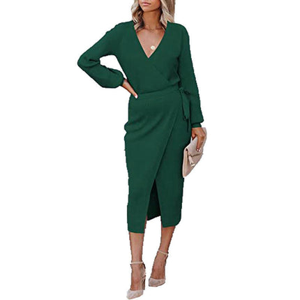 Women's Wrap V Neck Knit Dress Casual Long Sleeve Tie Waist Bodycon Split Midi Dress