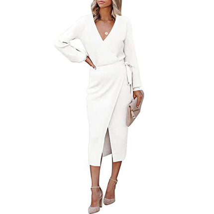 Women's Wrap V Neck Knit Dress Casual Long Sleeve Tie Waist Bodycon Split Midi Dress