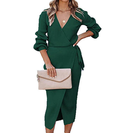 Women's Wrap V Neck Knit Dress Casual Long Sleeve Tie Waist Bodycon Split Midi Dress