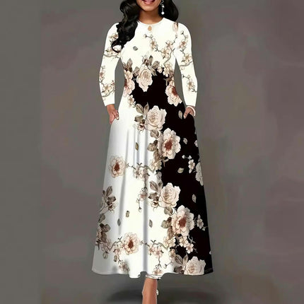 Women Casual Crew Neck Long Sleeve Boho Floral Print Flowy Maxi Dress with Pocket