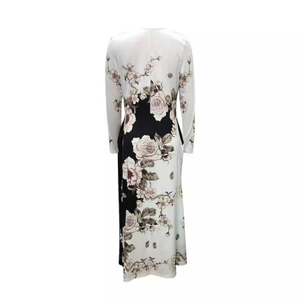 Women Casual Crew Neck Long Sleeve Boho Floral Print Flowy Maxi Dress with Pocket