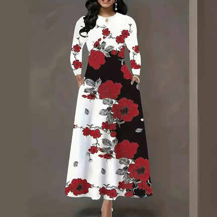 Women Casual Crew Neck Long Sleeve Boho Floral Print Flowy Maxi Dress with Pocket