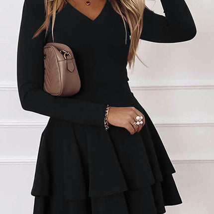 Women's Elegant Long Sleeve Dresses V Neck Layered Ruffle Flowy Party Mini Dress