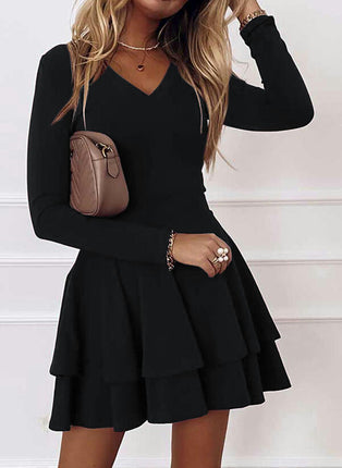 Women's Elegant Long Sleeve Dresses V Neck Layered Ruffle Flowy Party Mini Dress