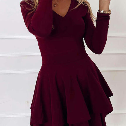 Women's Elegant Long Sleeve Dresses V Neck Layered Ruffle Flowy Party Mini Dress