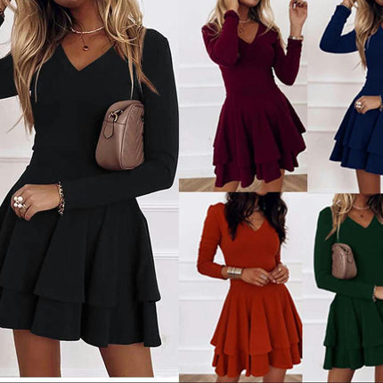 Women's Elegant Long Sleeve Dresses V Neck Layered Ruffle Flowy Party Mini Dress