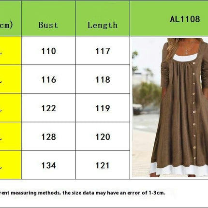 Women Color Block Square Neck Dresses Long Sleeve Button A Line Flowy Pleated Midi Dress