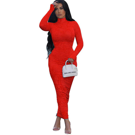 Women's Sexy Bodycon Maxi Dresses Long Sleeve Mock Neck Ruched Dress