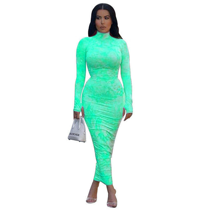 Women's Sexy Bodycon Maxi Dresses Long Sleeve Mock Neck Ruched Dress