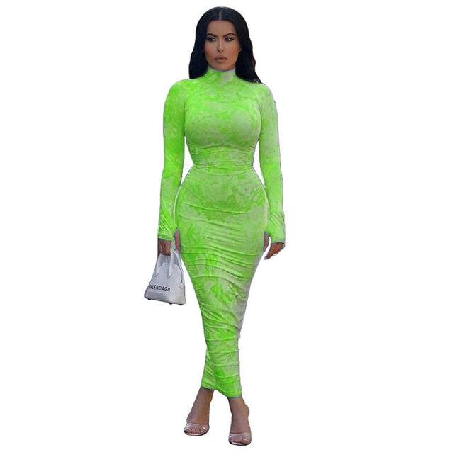 Women's Sexy Bodycon Maxi Dresses Long Sleeve Mock Neck Ruched Dress