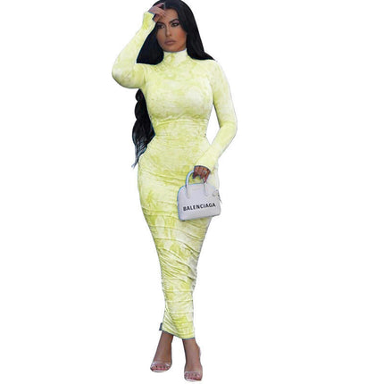 Women's Sexy Bodycon Maxi Dresses Long Sleeve Mock Neck Ruched Dress