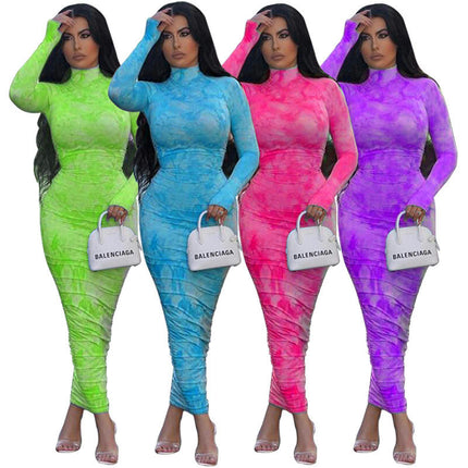 Women's Sexy Bodycon Maxi Dresses Long Sleeve Mock Neck Ruched Dress