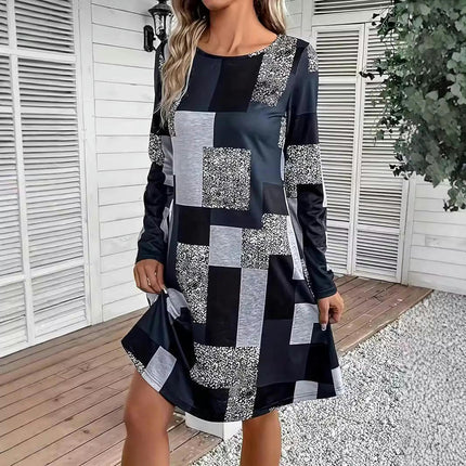 Womens Casual Print Dress Crewneck Long Sleeve A-Line Swing Mini Dress